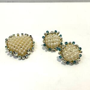 Vintage Faux Pearl Blue Rhinestone Heart Brooch Earring Set